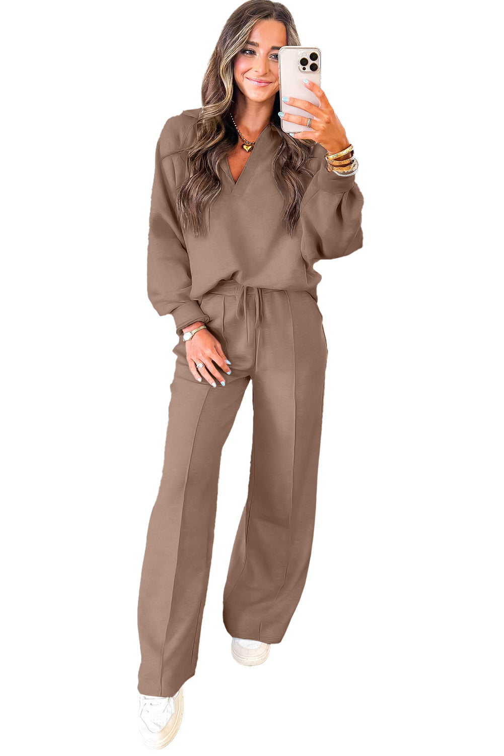Dark Khaki V Neck Pullover and Drawstring Sweatpants Set