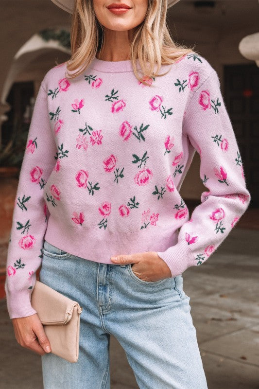 Floral Drop Shoulder Cropped Sweater Relaxed Fit Sweater