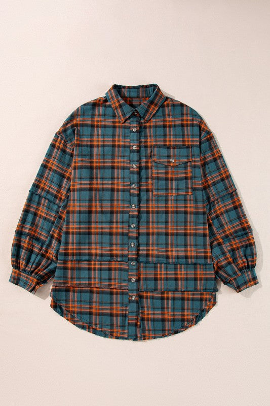 Plaid Button-Up Distressed Hem Long Sleeve Shirt