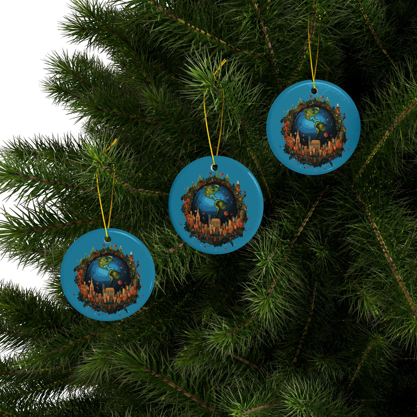 Earth in Christmas decorations and a big Christmas tree, Turquoise Ceramic Ornaments (1pc, 3pcs, 5pcs, 10pcs)