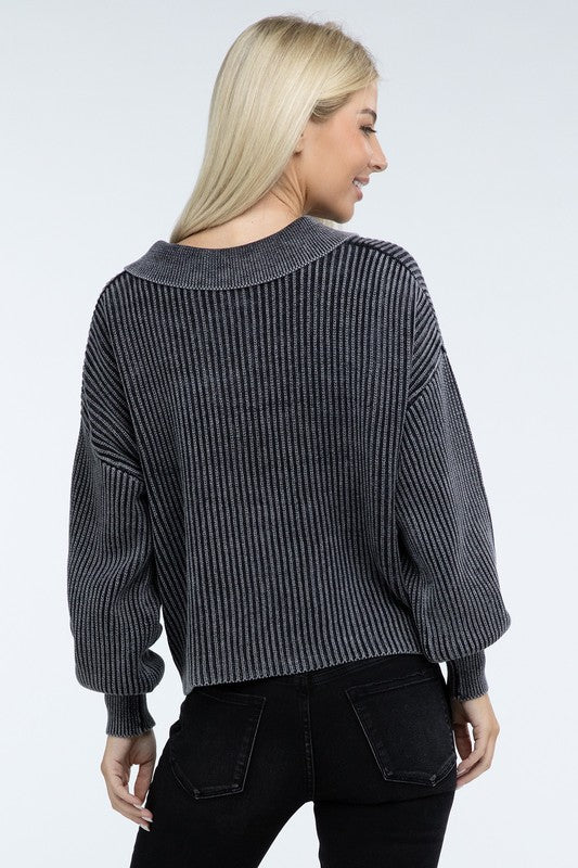 Washed Collared Henley Sweater Low Gauge Heavyweight Sweater