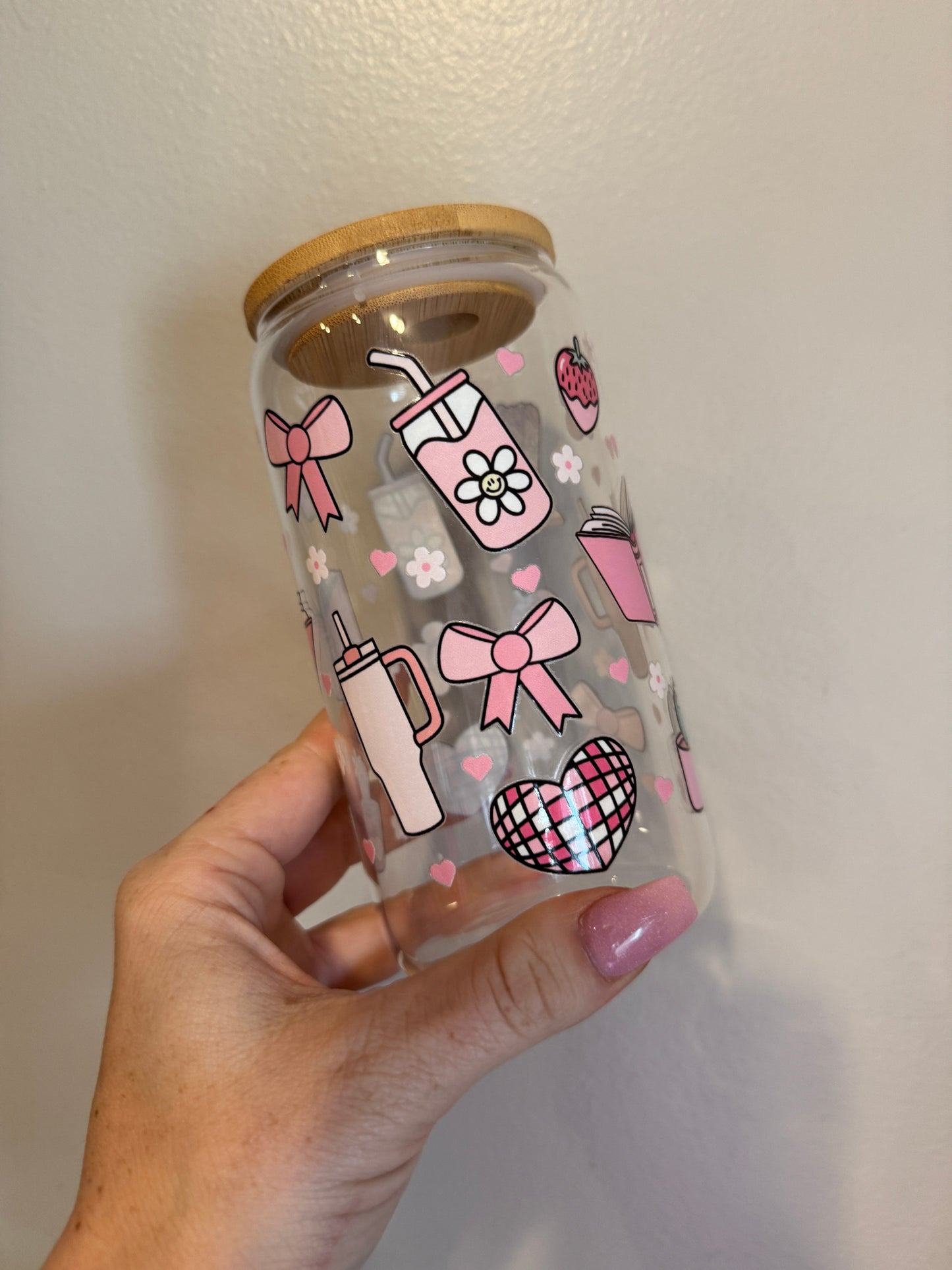 All Things Girly Bamboo Lid Glass Cup 450ml Tumbler