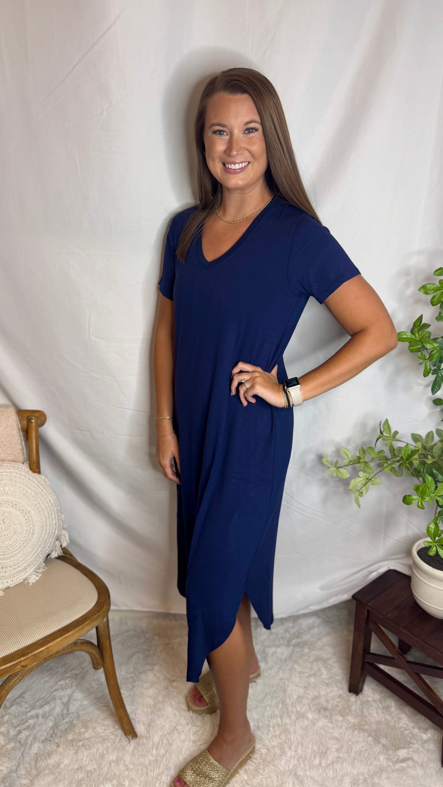 V-Neck Short Sleeve Midi Dress Flattering Fit Dress