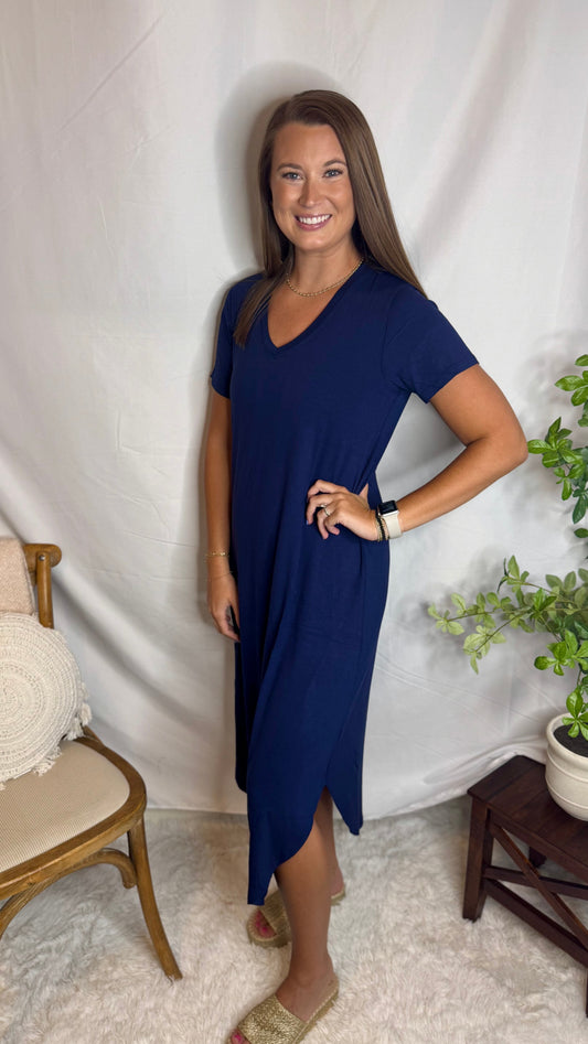 V-Neck Short Sleeve Midi Dress Flattering Fit Dress