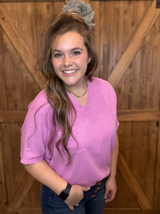 Waffle V Neck Dolman Sleeve Top