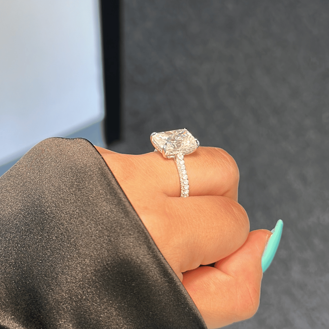 5.0ct Radiant Cut Moissanite Diamond Three Row Pavè Engagement Ring