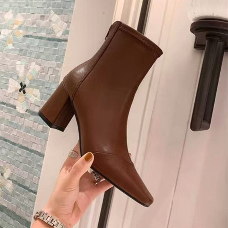 Soft Leather Velvet-Lined Zip-Back Skinny Boots Sleek Heels