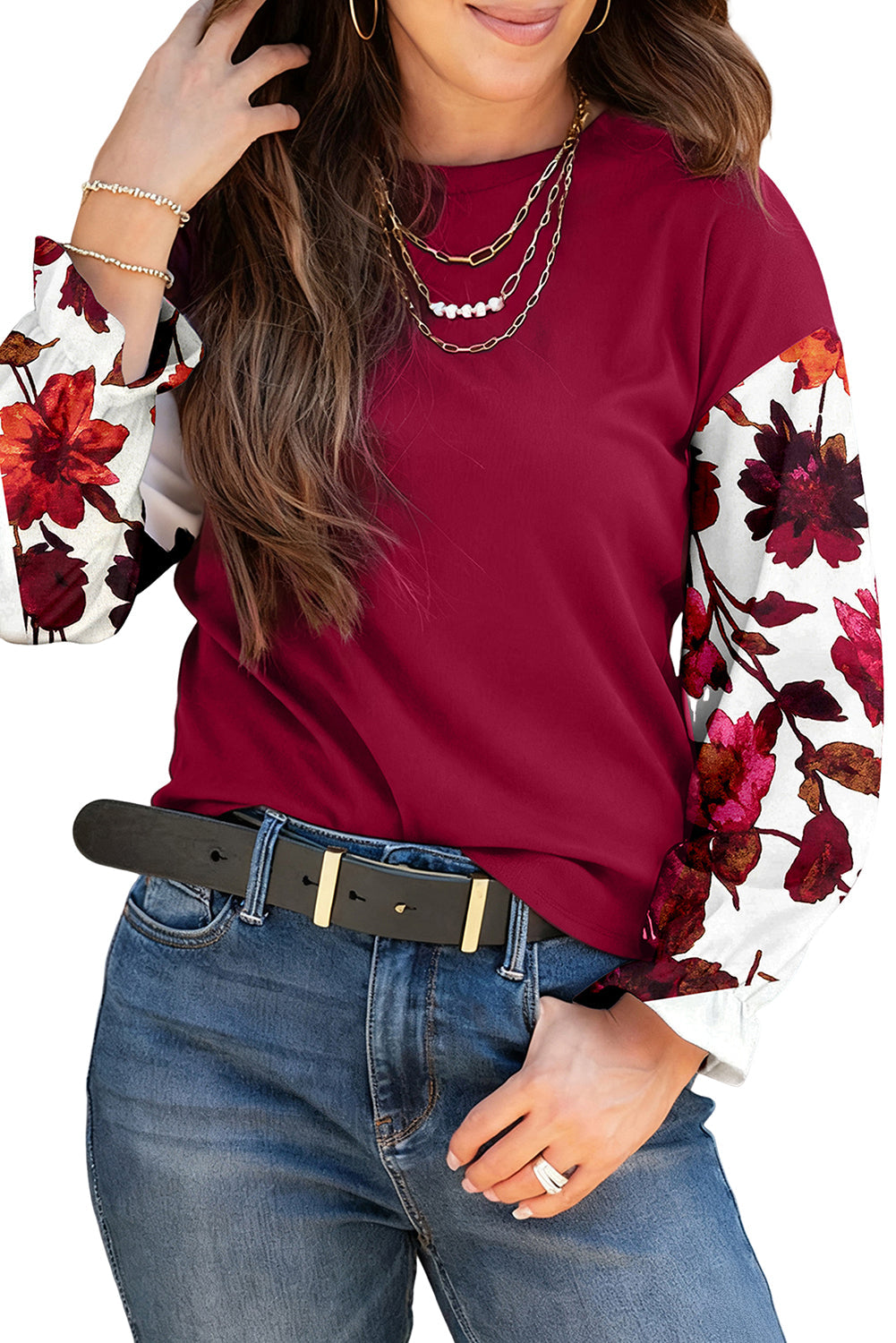 Wild Ginger Contrast Floral Sleeve Ribbed Body Patchwork Long Sleeve Top