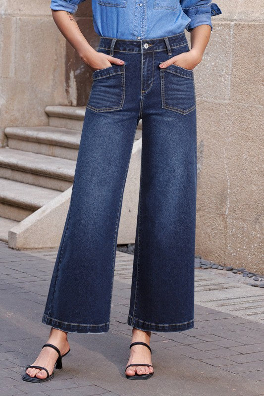 Denim High Waist Patch Pocket Straight Leg Jeans