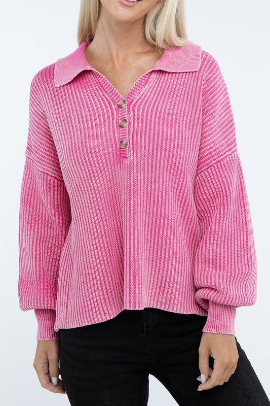 Washed Collared Henley Sweater Low Gauge Heavyweight Sweater