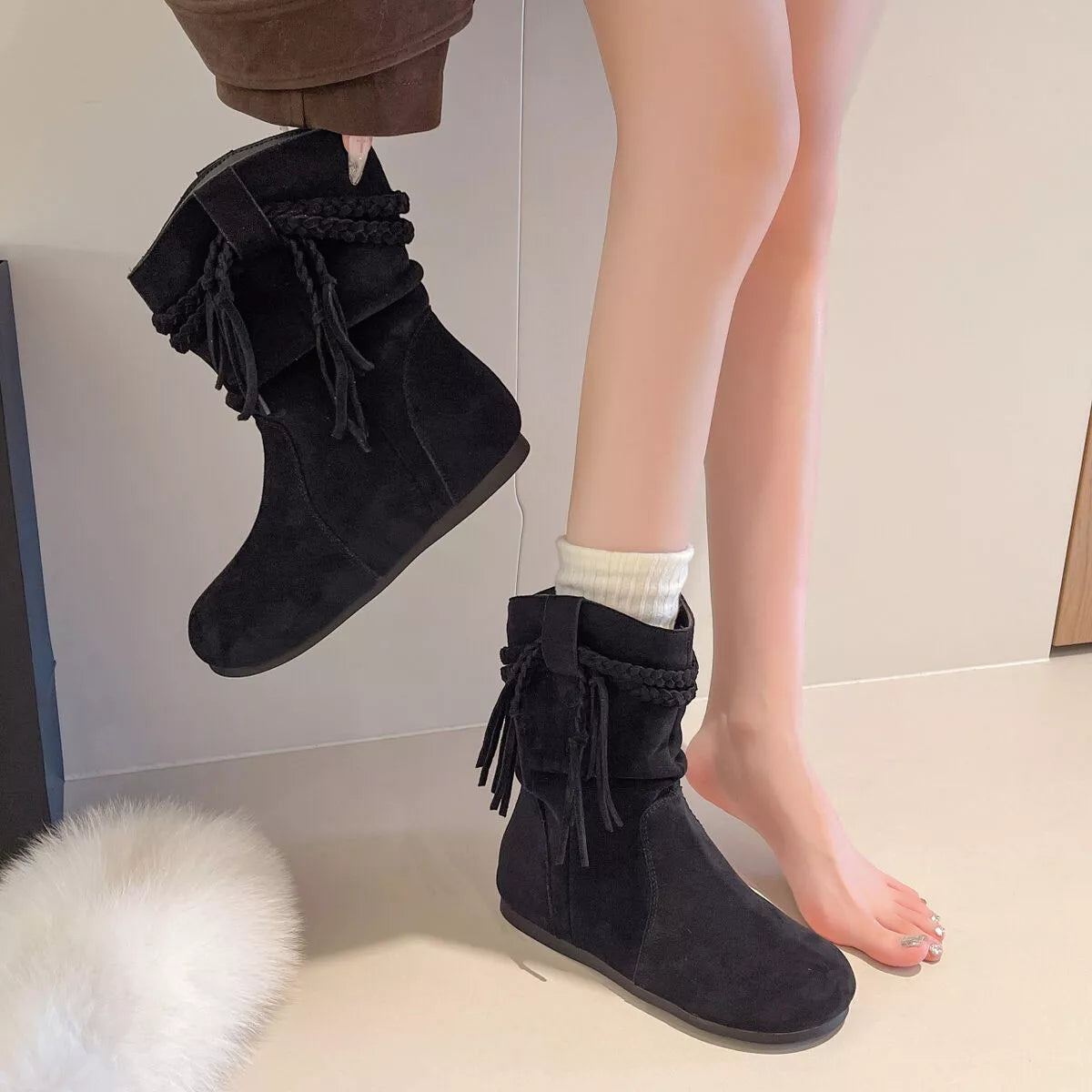 Suede Fringe Round Toe Boots Block Heel