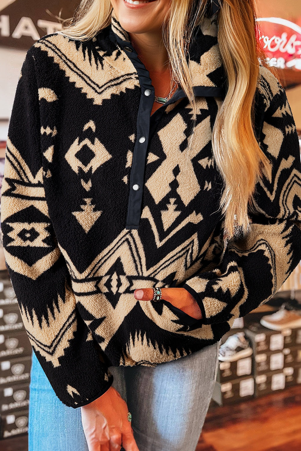 Beige Western Aztec Plush Half Zip Sweatshirt