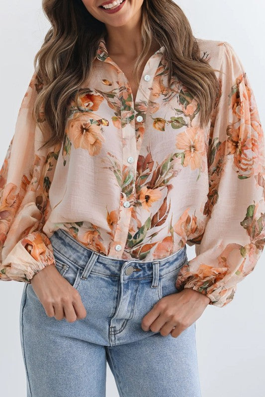 Floral Puff Sleeve Collared Shirt Light and Airy Women's Shirt