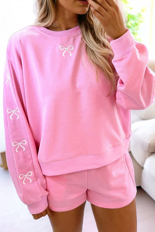 Pink Girly Bow Embroidered Detail Puff Sleeve Pullover 2pcs Short Set Sachet