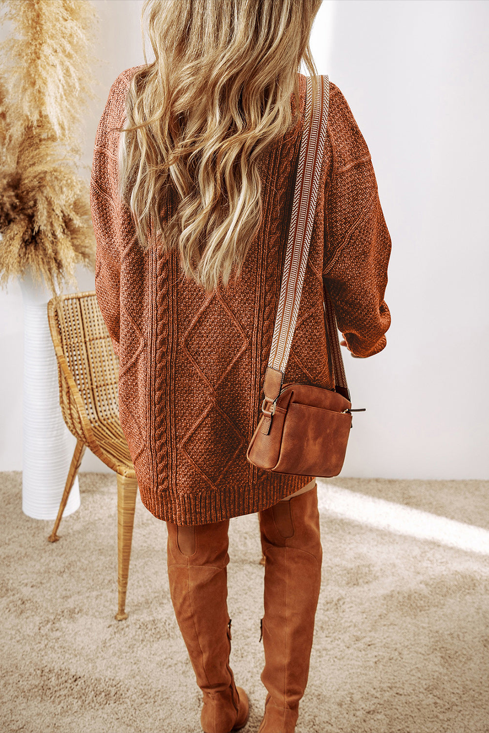 Parchment Twist Cable Knit Loose Fit Sweater Dress