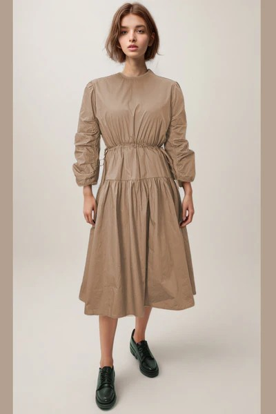 Cotton Blend Below Knee Dress Long Sleeve