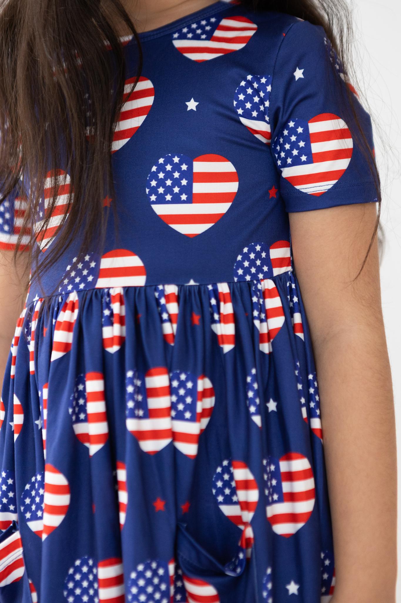 USA S/S Pocket Twirl Dress with Scoop Back and Full Skirt I Heart