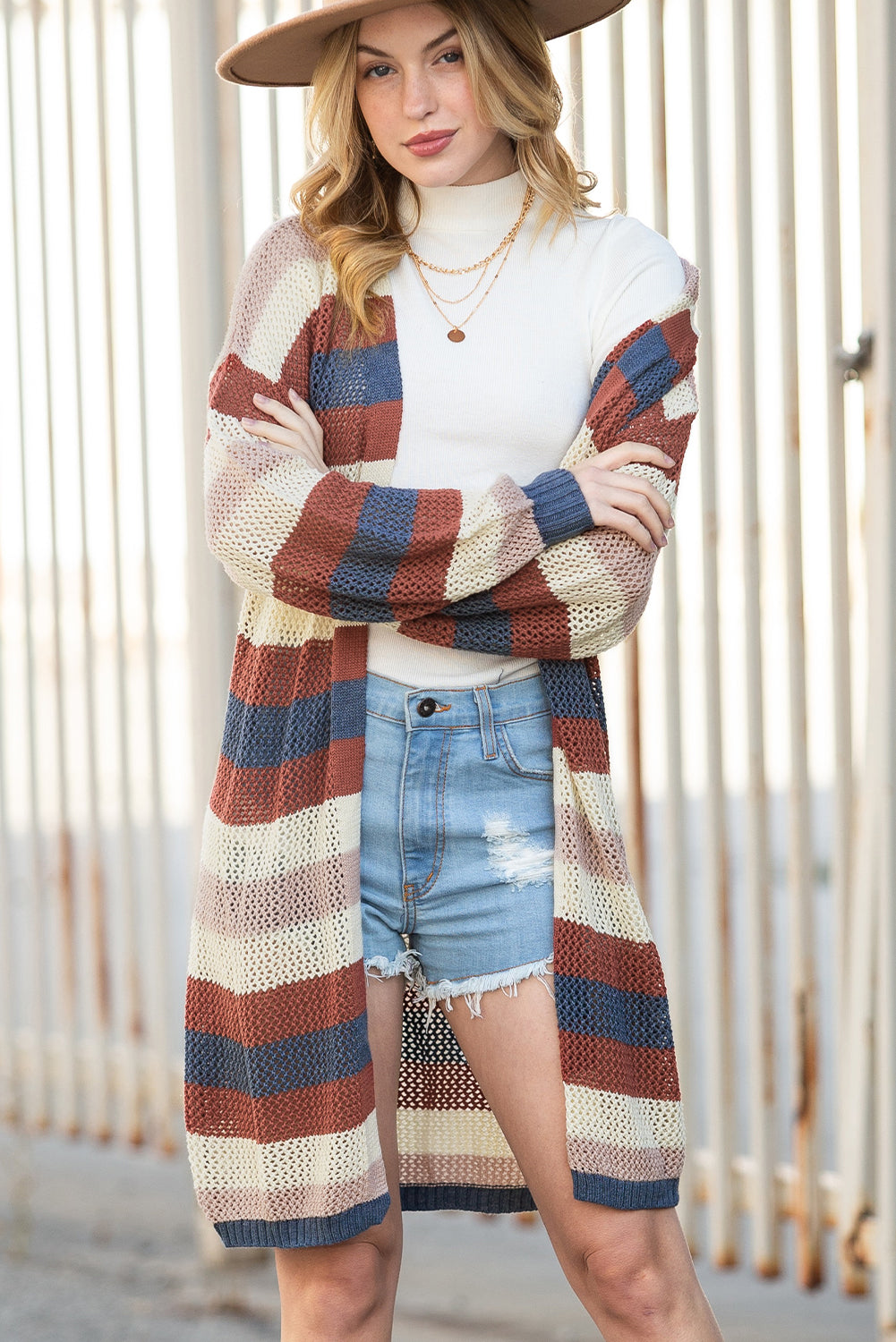 Dark Blue Color Block Cut Out Knit Cardigan