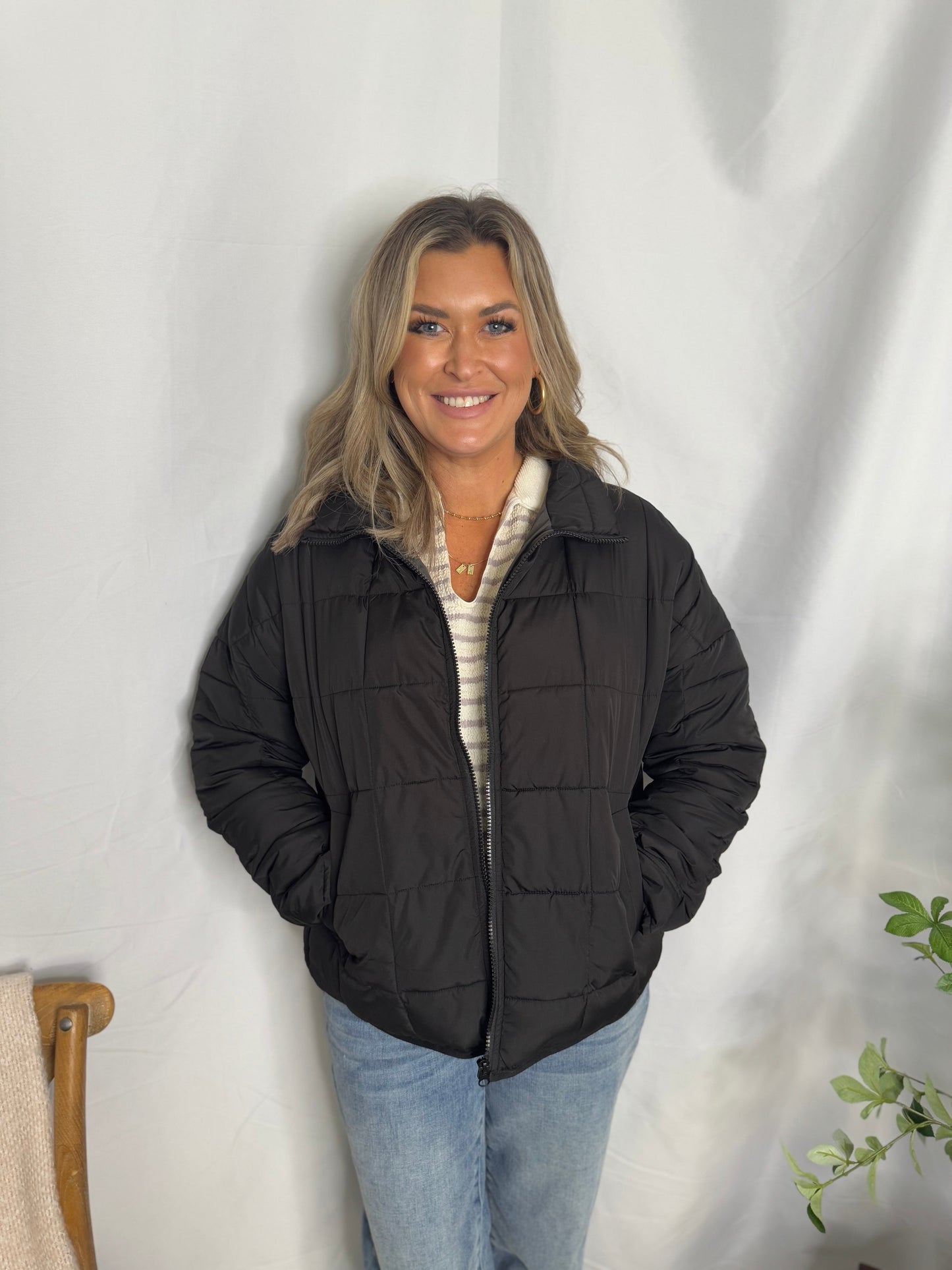 Solid Puffer Padded Warm Jacket High Neck Zip Up Side Pockets