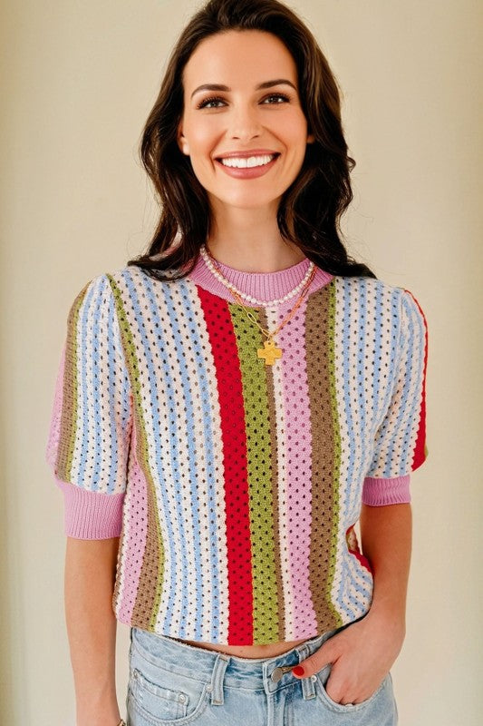 Stripe Pointelle Knit 3/4 Sleeve Sweater Soft Textured Knit Sweater