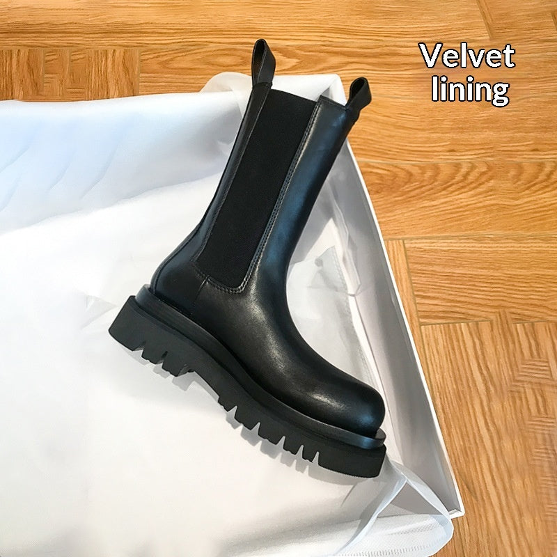 British-Style Mid-Calf Thick-Soled Leather Boots Women’s