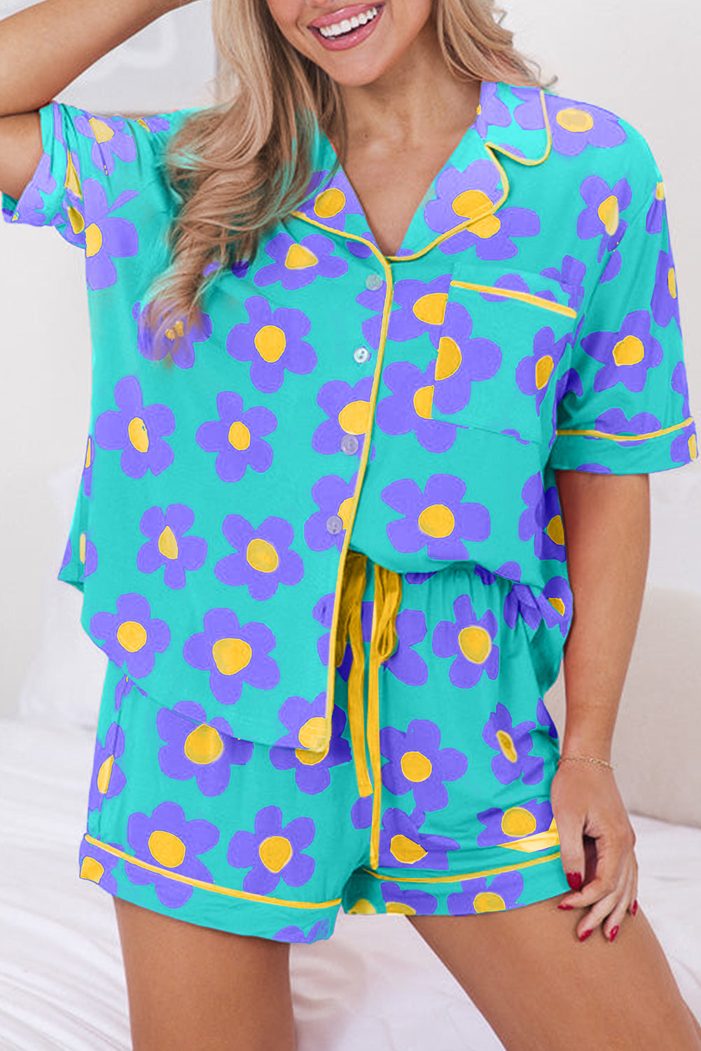 Luxury Flower Print Buttoned Shirt And Drawstring Waist Pajama Set