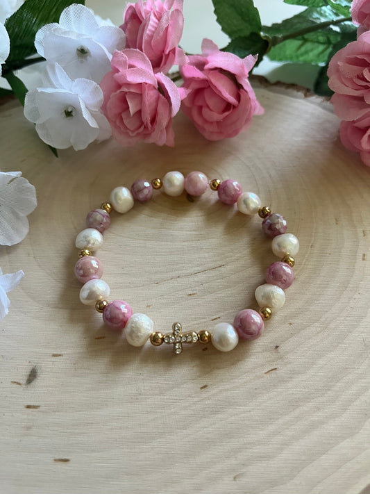 Pink Pearl Bead Gold Cross Bracelet – Christian Jewelry Gift for Her