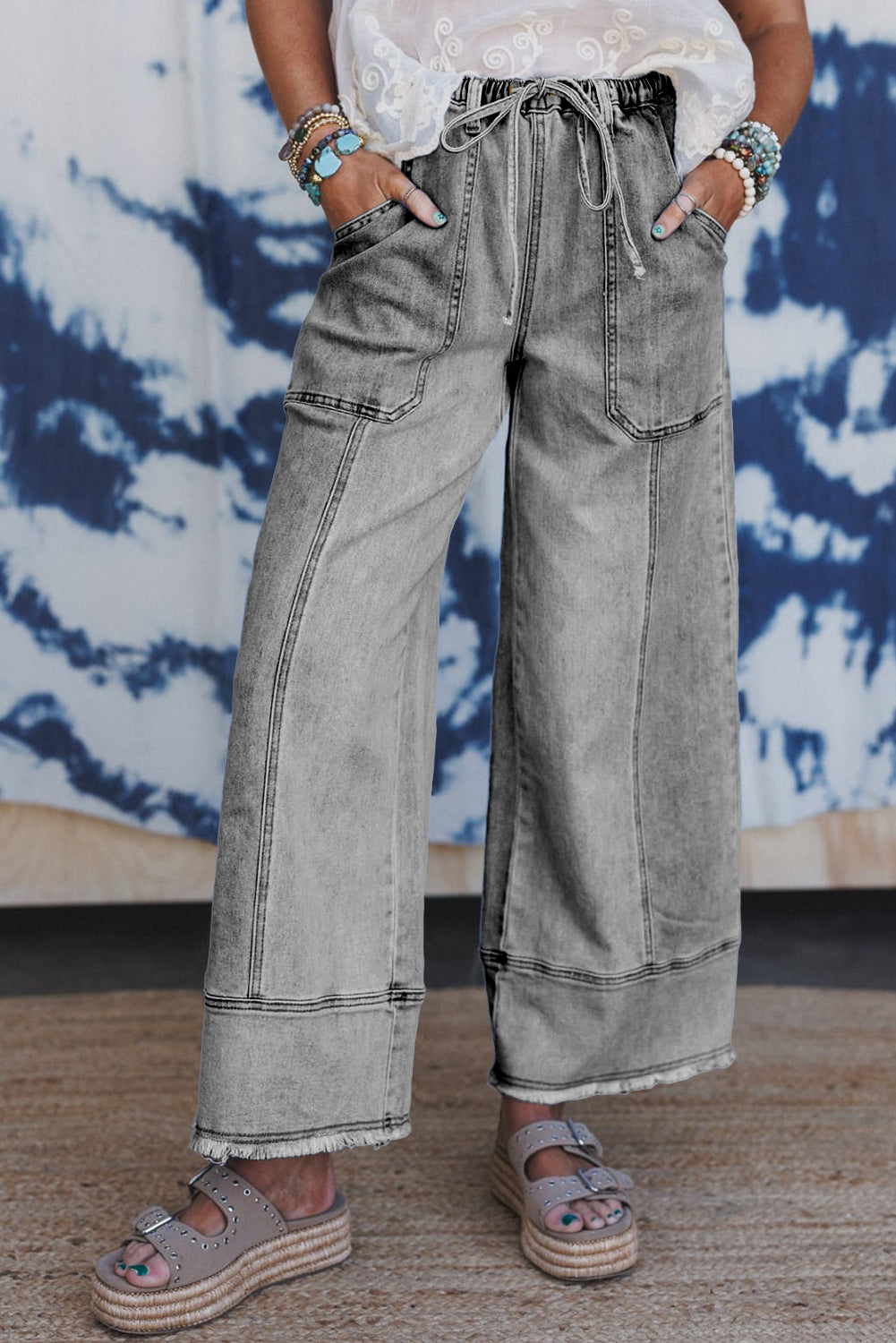 Drawstring Waist Seam Detail Wide Leg Jeans Beau Blue