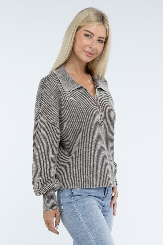 Washed Collared Henley Sweater Low Gauge Heavyweight Sweater