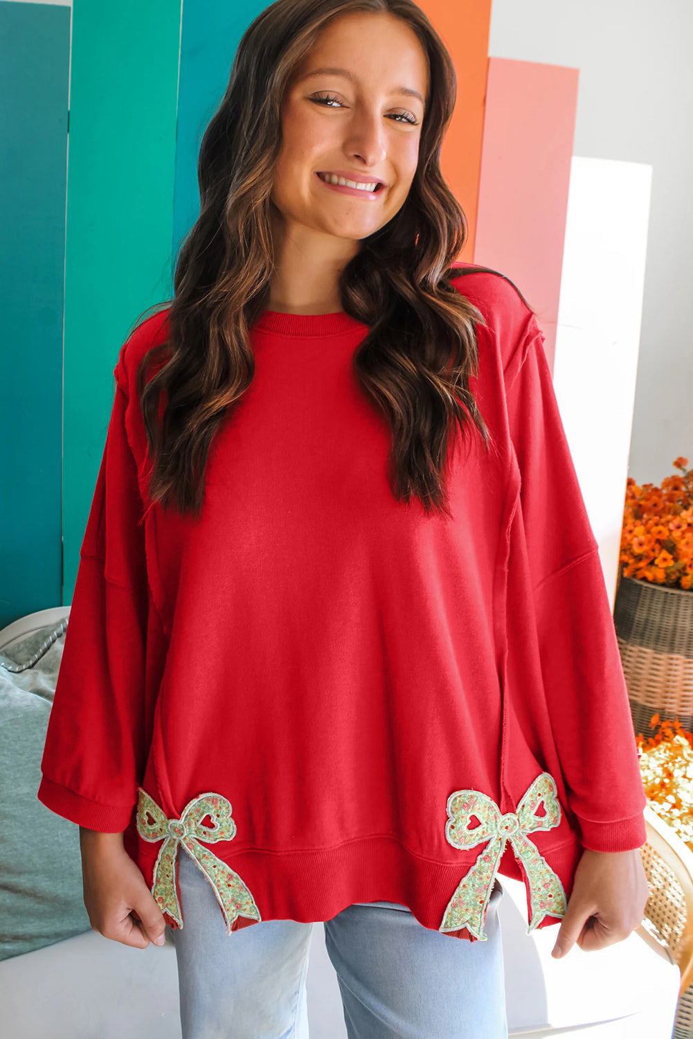 Fiery Red Floral Bow Patched Baggy Sweatshirt