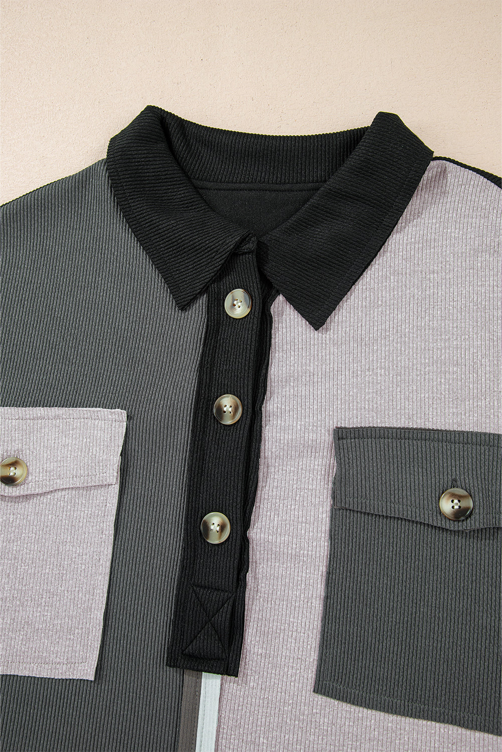 Gray Patchwork Ribbed Oversized Henley Sweatshirt