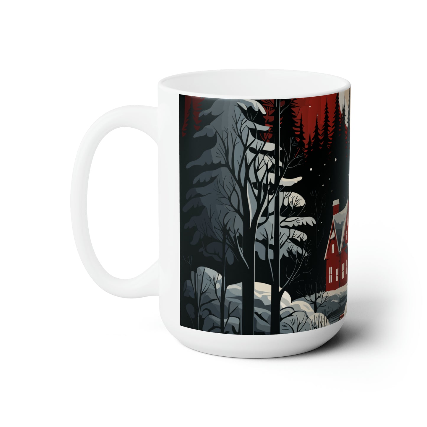 White Christmas house in forest with Christmas tree Ceramic Mug15oz