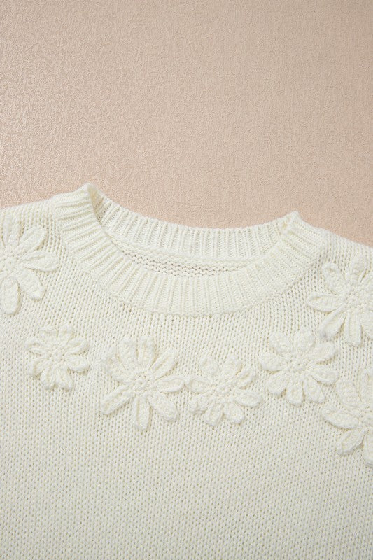 Floral Textured Puff Sleeve Round Neck Sweater