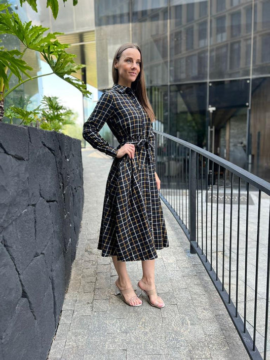 Plaid Black and White Knee Length Dress with Collar
