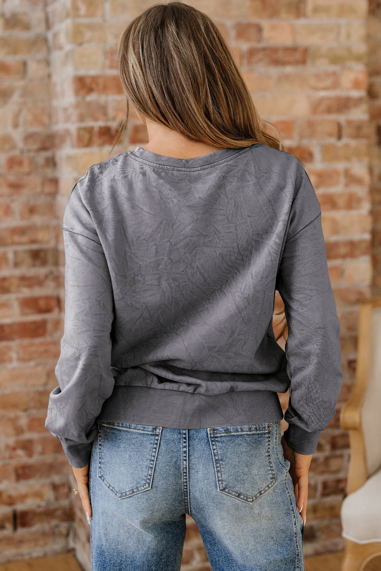 High-rise Mineral Wash Loose Sweatshirt Letter Embroidery