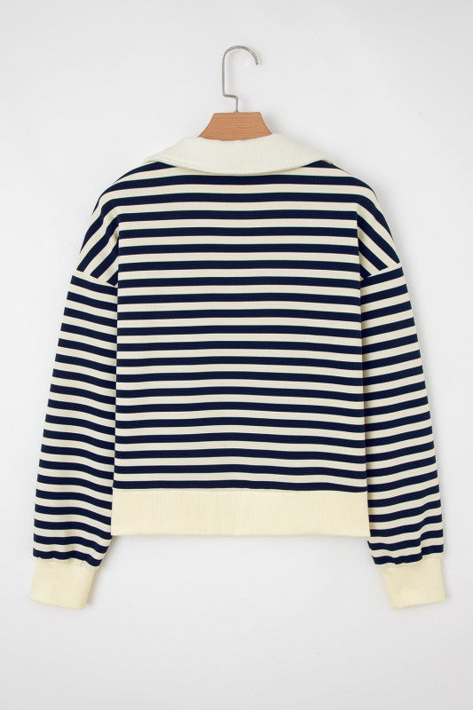Striped Collar V-Neck Long Sleeve Top