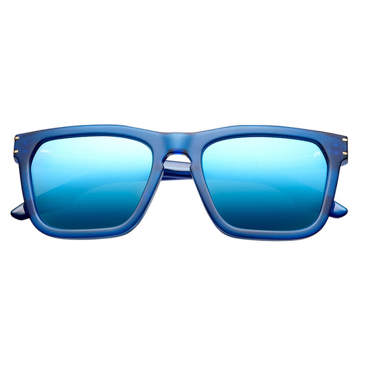 Gravitas Matte Midway Blue Antique Brass Sunglasses with Pacific Blue Flash Lens