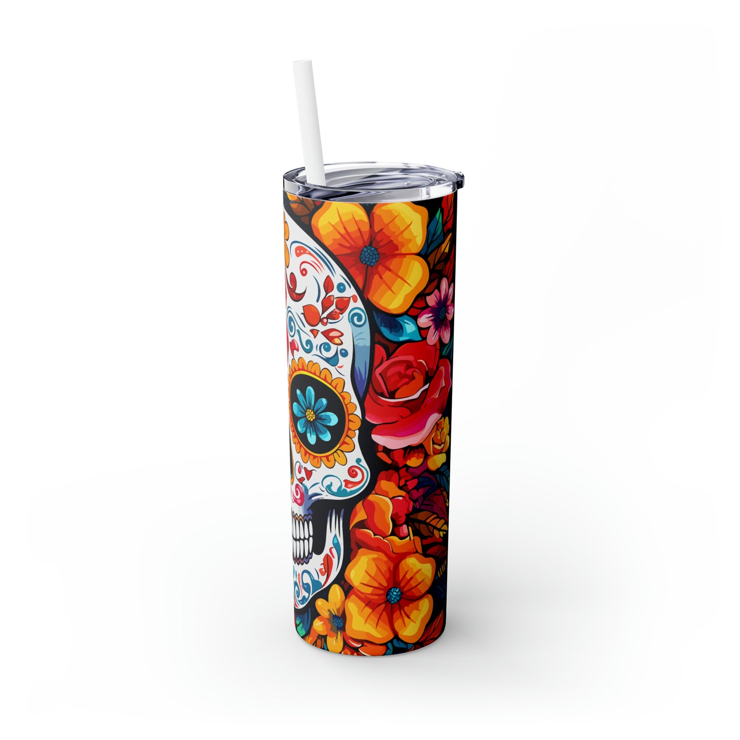 Halloween Skinny Tumbler with Straw 20oz - Spooky Drinkware - Skull Theme - BPA-Free, Reusable Cup, Halloween Tumbler, Halloween Gift