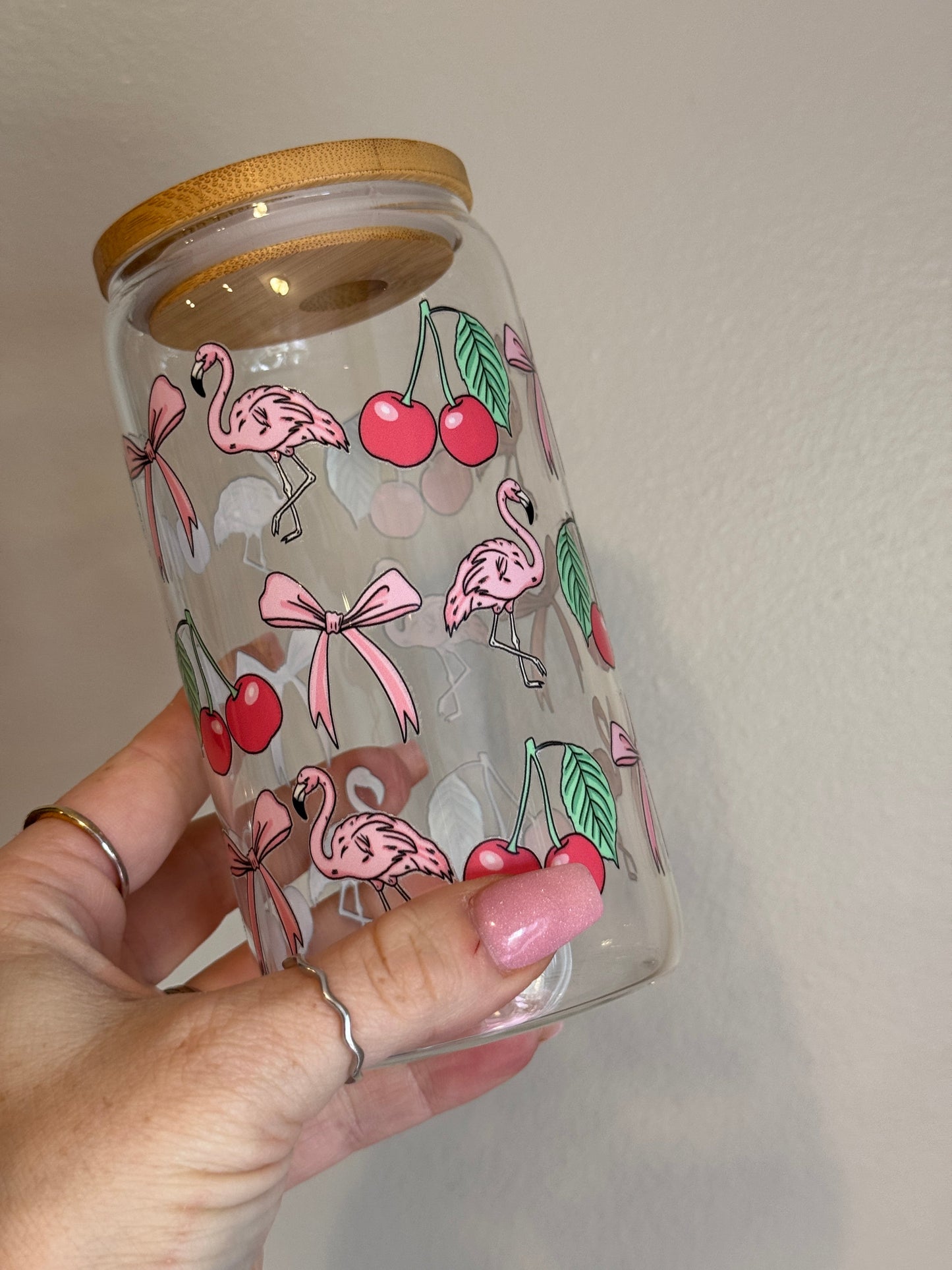 Cherry Flamingo Clear Glass Can 16oz Sawdust and Cedar