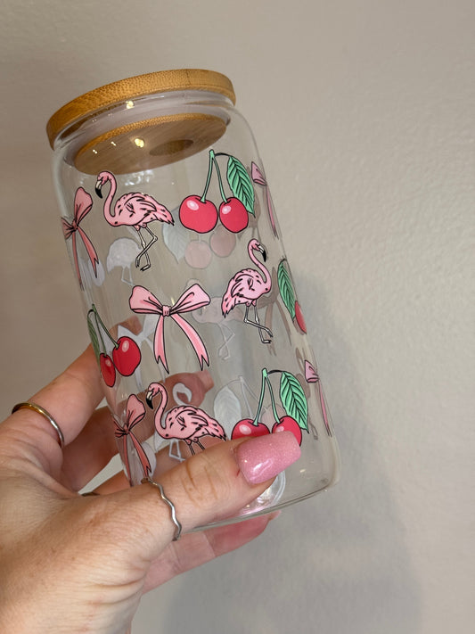 Cherry Flamingo Clear Glass Can 16oz Sawdust and Cedar
