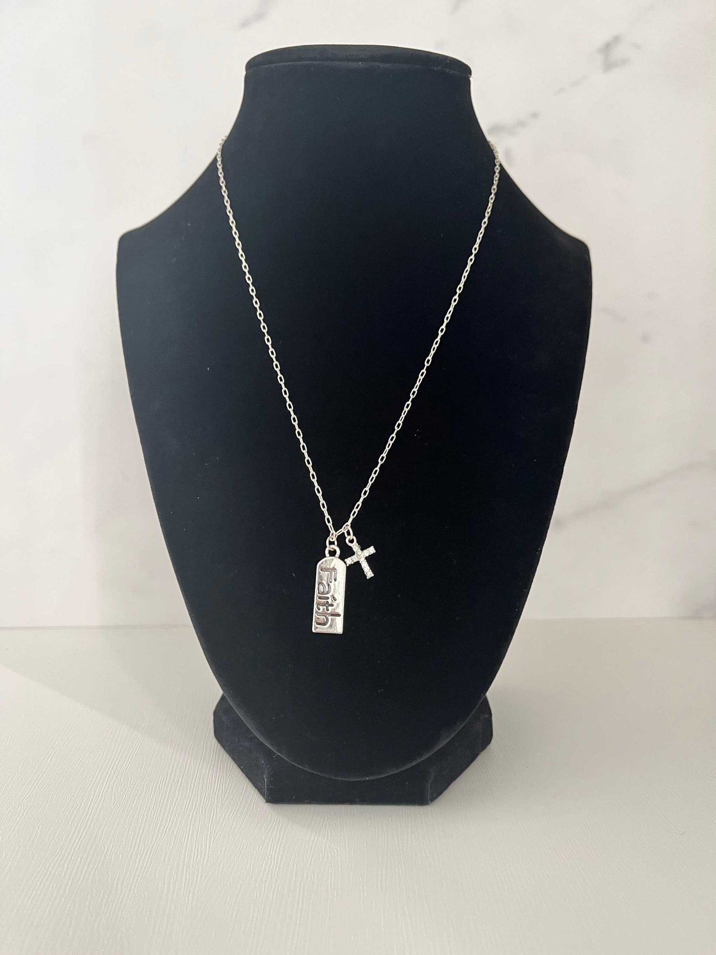 Silver Necklace – Sterling Cross Pendant with Faith & Cross Charms