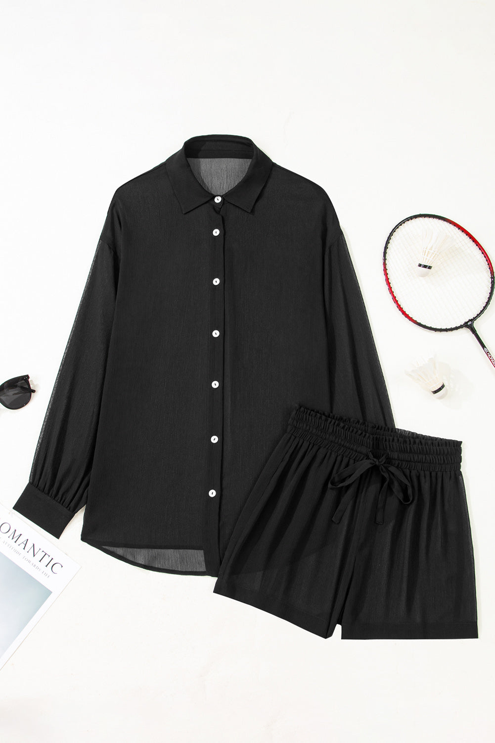 Black Sheer Tunic Shirt Drawstring Shorts Swim Cover Up