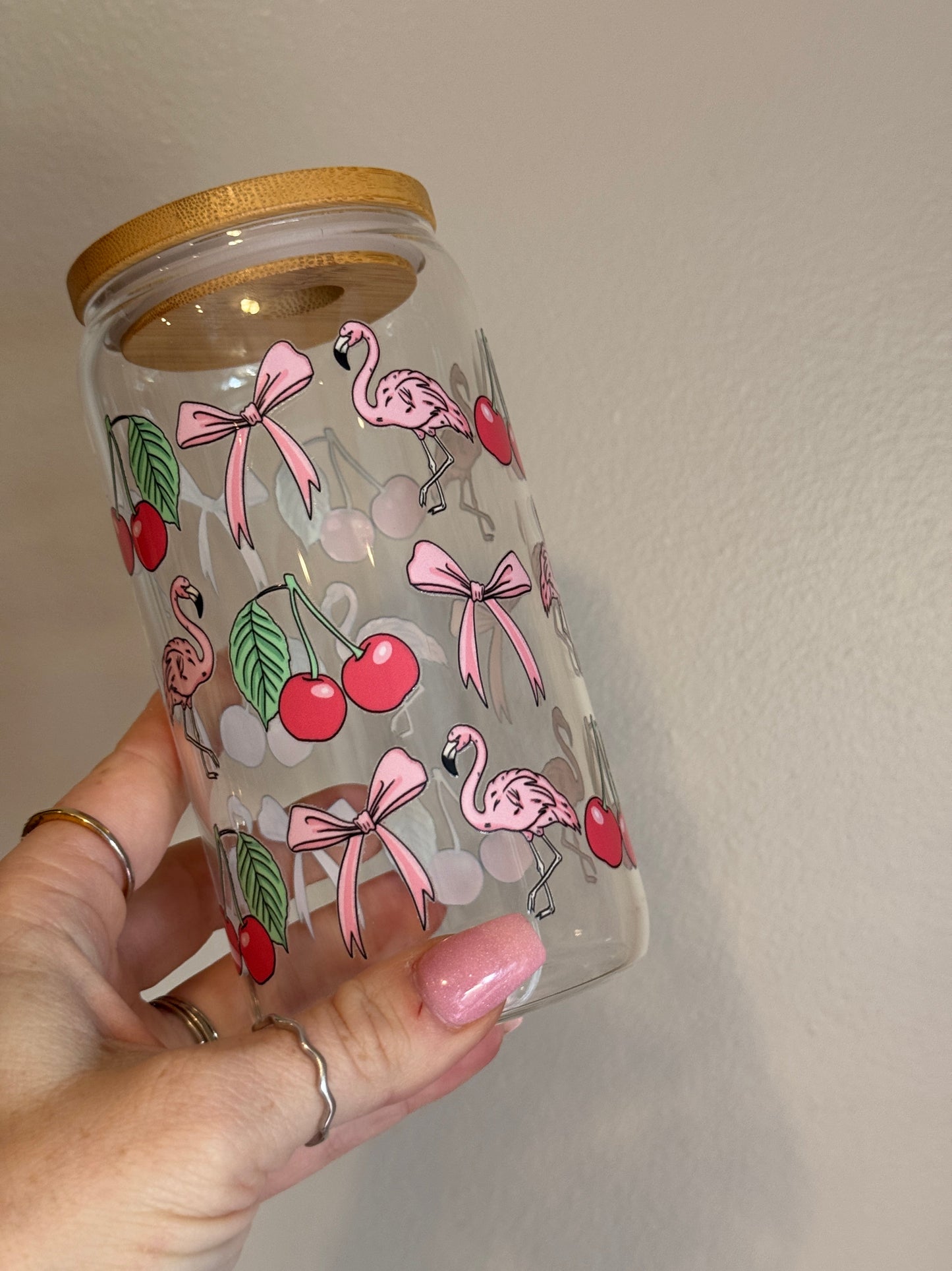 Cherry Flamingo Clear Glass Can 16oz Sawdust and Cedar