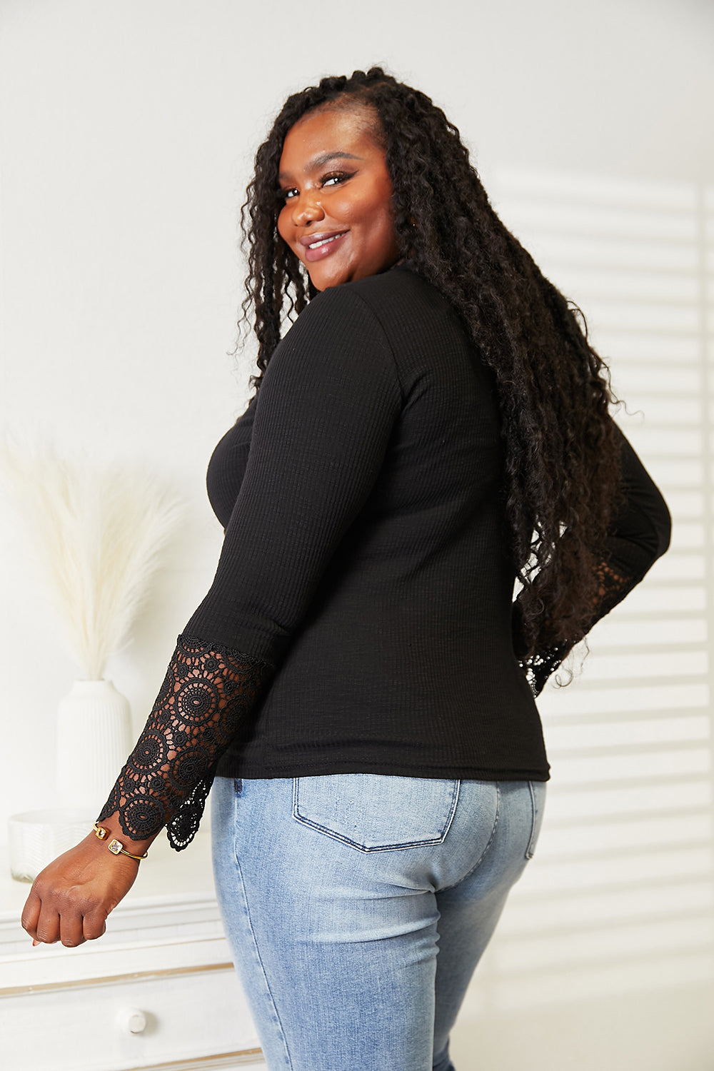 Crochet Lace Hem Sleeve Button Top Double Take