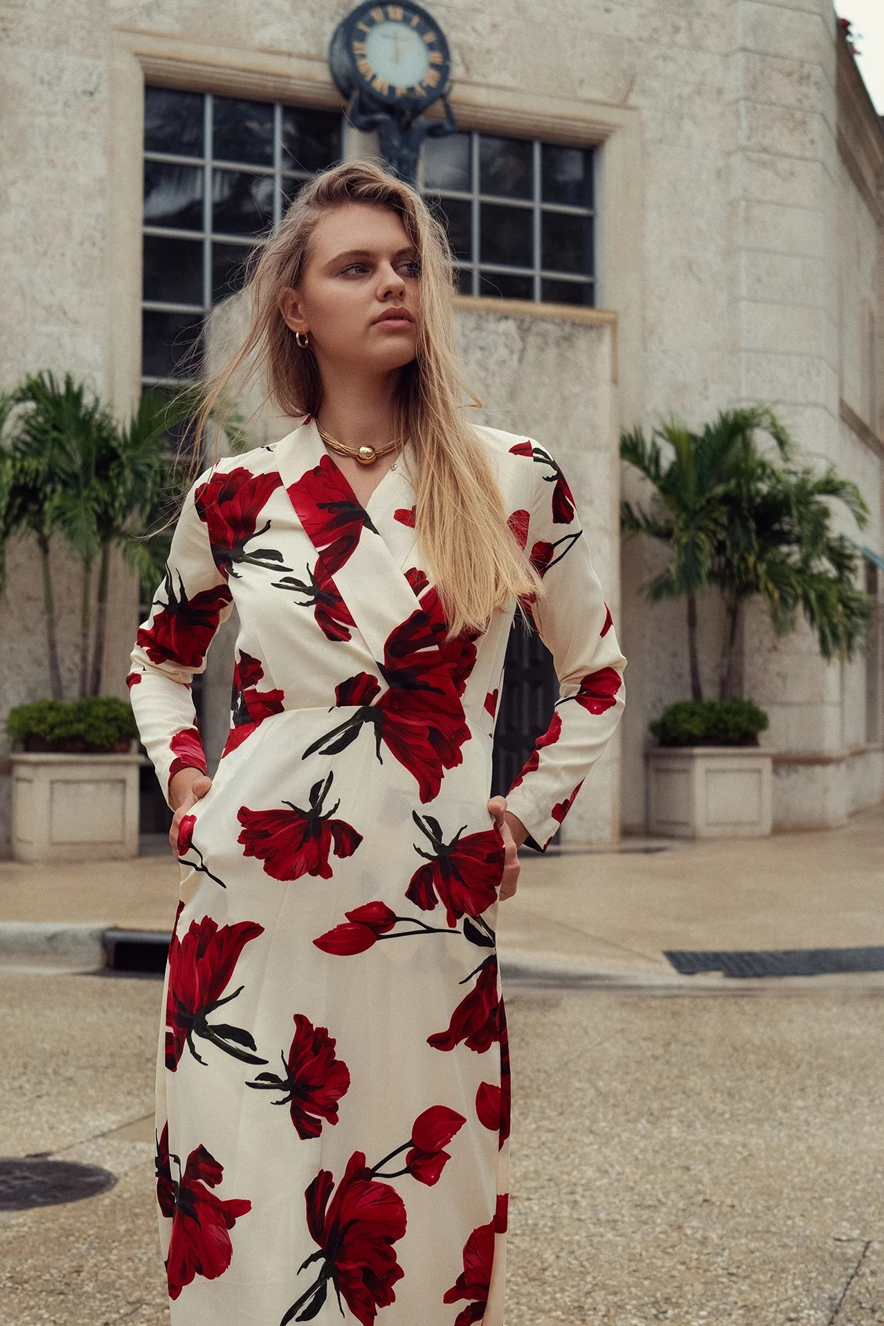 Rose Faux Wrap Dress Flattering Fit Dress
