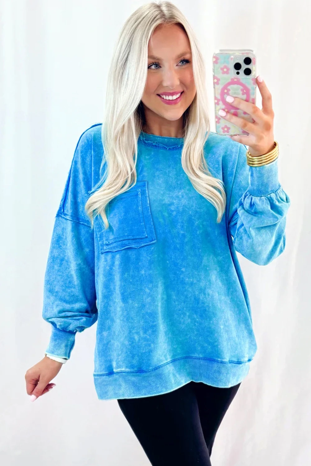 Blue Mineral Wash Double Patched Pocket Pullover Sweatshirt
