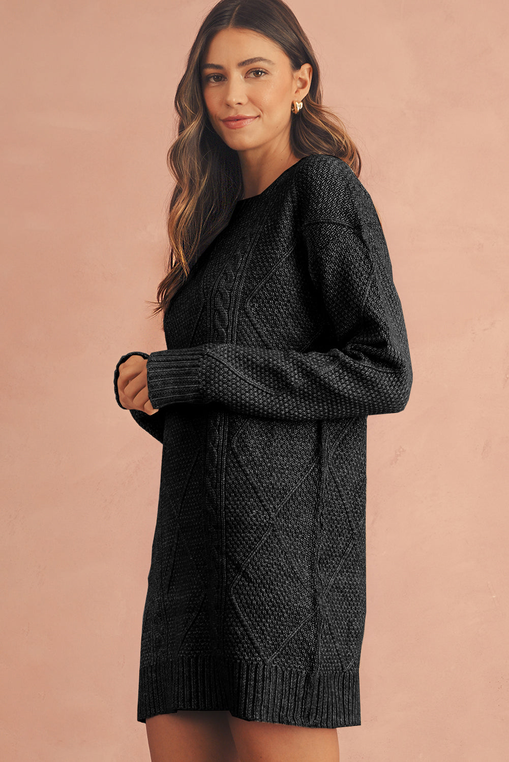 Parchment Twist Cable Knit Loose Fit Sweater Dress