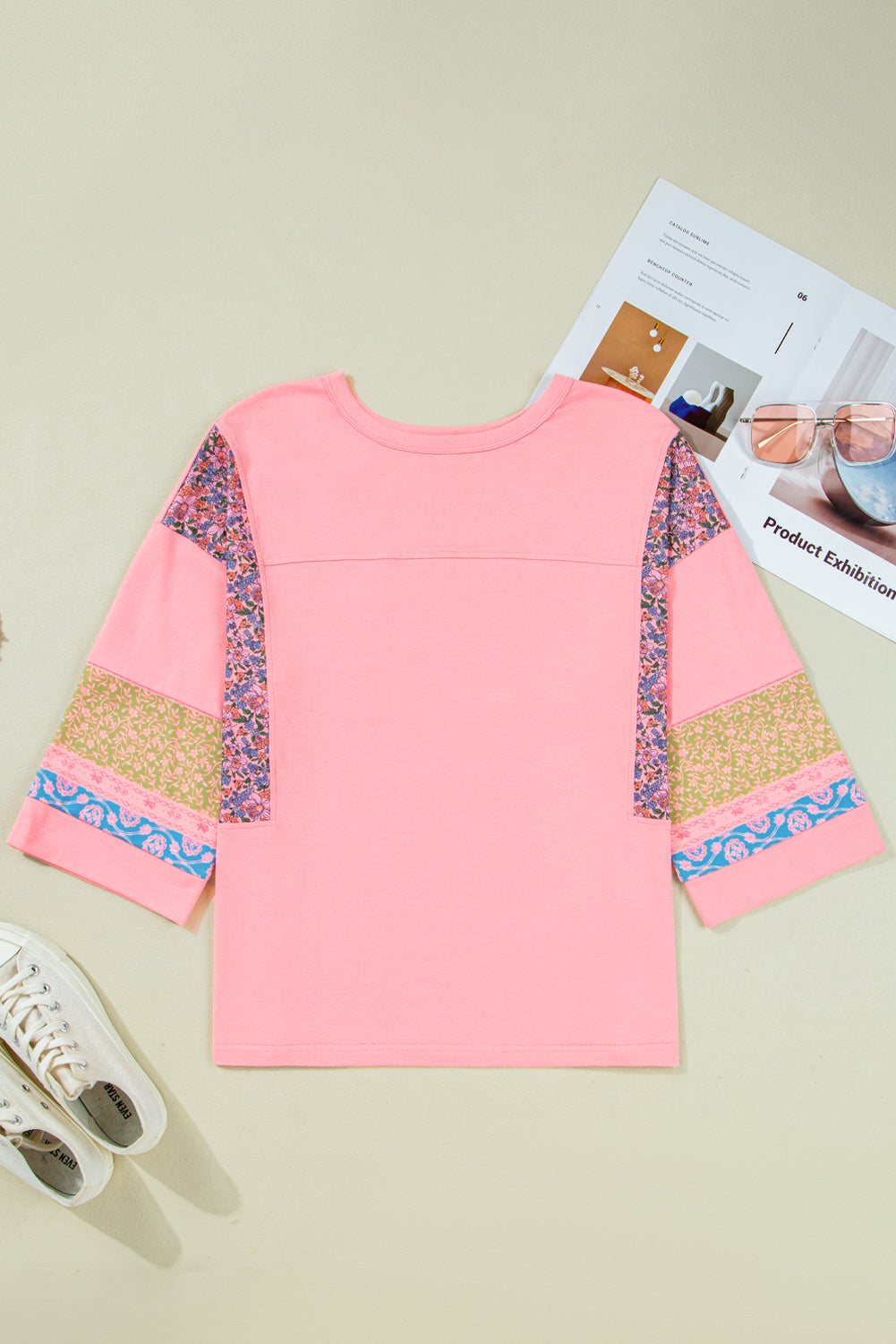 Pink Floral Color Block Patchwork Long Sleeve Top Gossamer