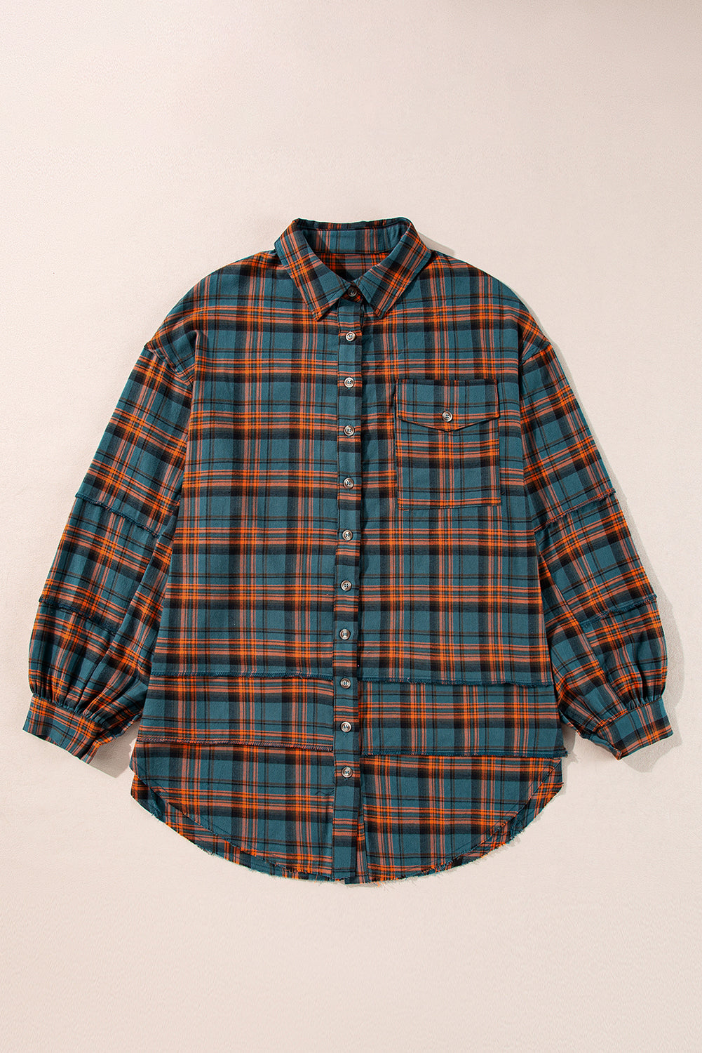 Red Plaid Distressed Hem Long Sleeve Shirt Shacket