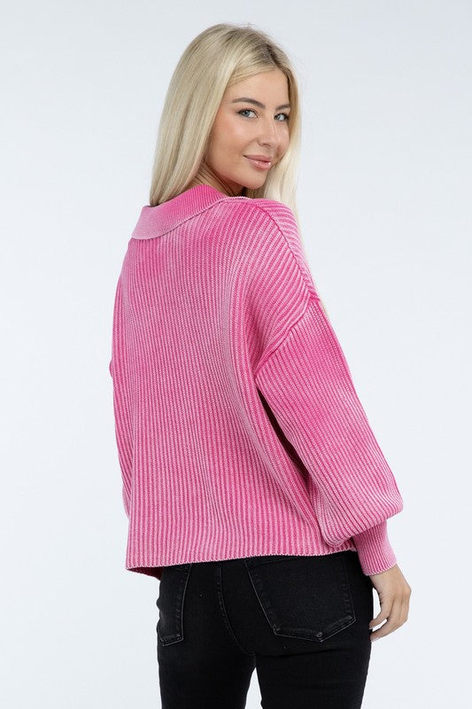 Washed Collared Henley Sweater Low Gauge Heavyweight Sweater